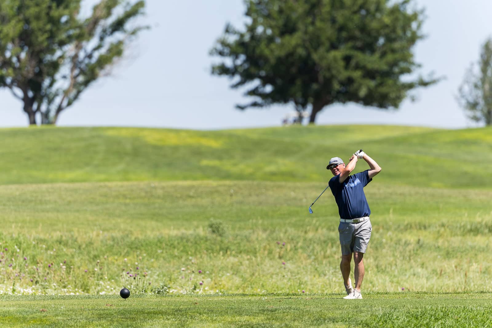 Golfer in a navy polo and gray shorts swings a drive on a sunny golf course, with green fairways and trees in the background.