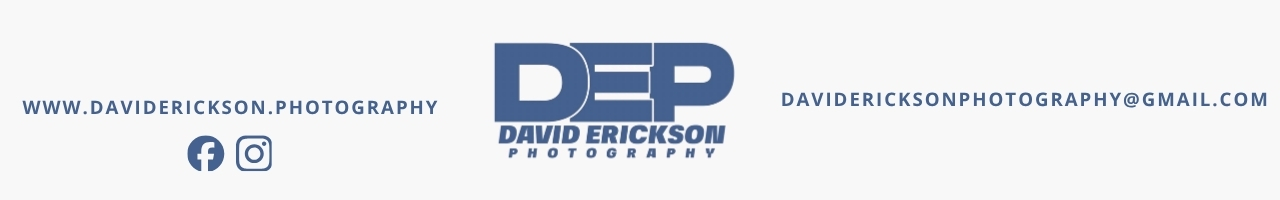 Center logo DEP with David Erickson Photography, left URL www.daviderickson.photography, right email davidericksonphotography@gmail.com, and Facebook/Instagram icons