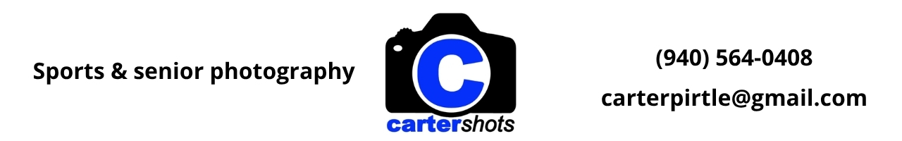 Carter Shots photography banner: 'Sports & senior photography' with a camera logo in the center and contact info (940) 564-0408, carterpirtle@gmail.com on the right.