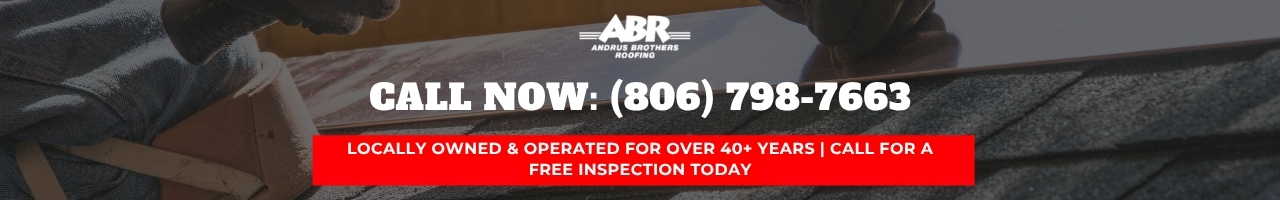ABR Roofing banner with logo at top, bold 'CALL NOW: (806) 798-7663' and a red strip offering a free inspection for a locally owned company.