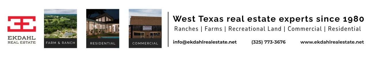 EKDAHL Real Estate logo, then four tiles: Farm & Ranch, Residential, Commercial; banner text reads West Texas real estate experts since 1980 with contact details.