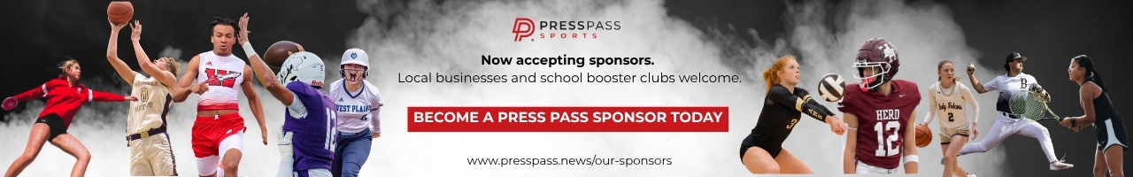 Sports banner showing diverse athletes in action (basketball, football, tennis, running) with PRESS PASS SPORTS logo and sponsor message: 'Now accepting sponsors' and 'Become a Press Pass Sponsor today'