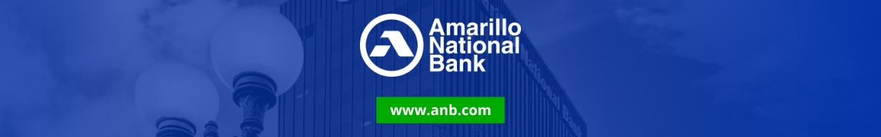 Amarillo National Bank branding banner with logo and the green URL button www.anb.com over a blue-tinted cityscape.