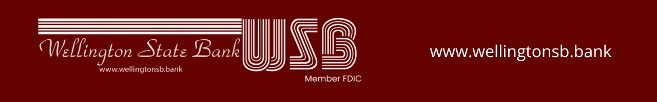 Banner for Wellington State Bank showing the WSB logo, FDIC mention, and the URL www.wellingtonsb.bank on a dark red background.