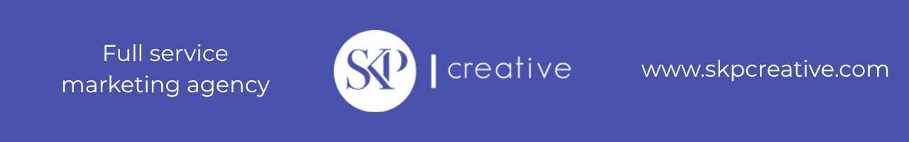 Blue banner featuring the center SKP Creative logo with the text 'Full service marketing agency' on the left and 'www.skpcreative.com' on the right.