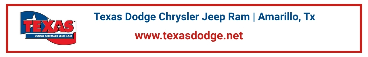 Banner ad for Texas Dodge Chrysler Jeep Ram Amarillo, TX with logo on left and the site www.texasdodge.net
