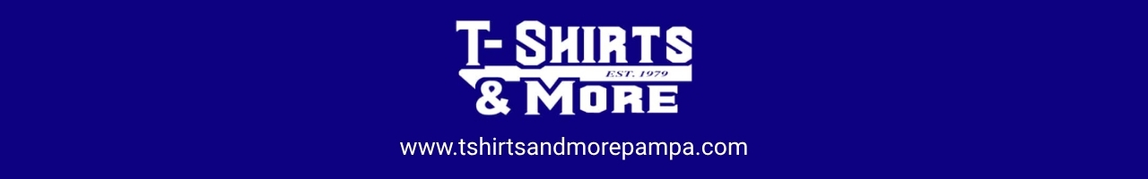 T-Shirts & More logo on a dark blue banner with the site URL www.tshirtsandmorepampa.com beneath it