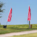 Two pink Budweiser banners planted in a grassy park under a clear blue sky, with a tree on the left and a bench in the foreground.