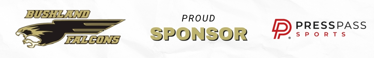 Sponsor banner with Bushland Falcons logo on the left, 'PROUD SPONSOR' in the center, and PressPass Sports logo on the right.