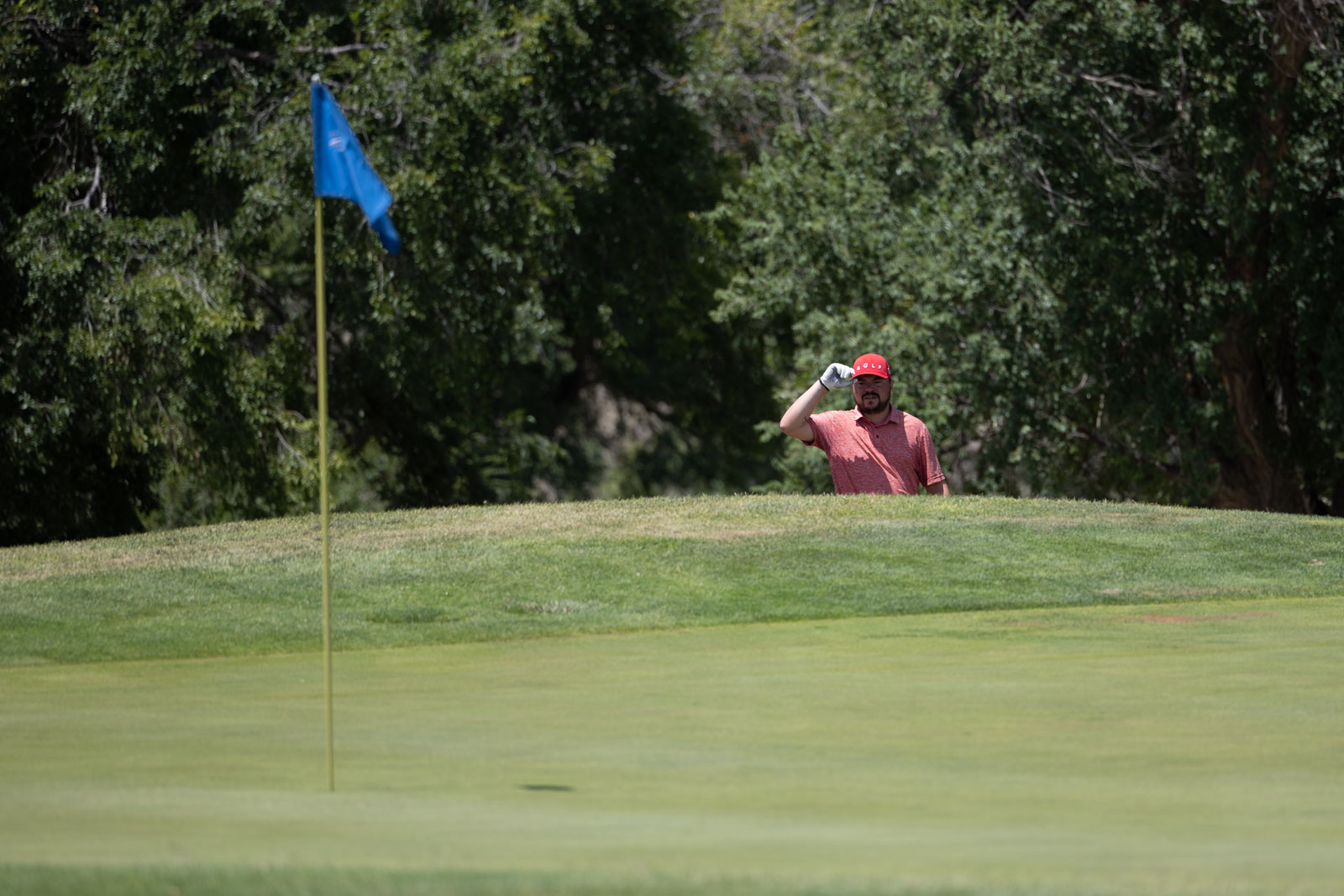 Golfer wearing a red cap and shirt stands on the green near the flag, shielding eyes from sun.