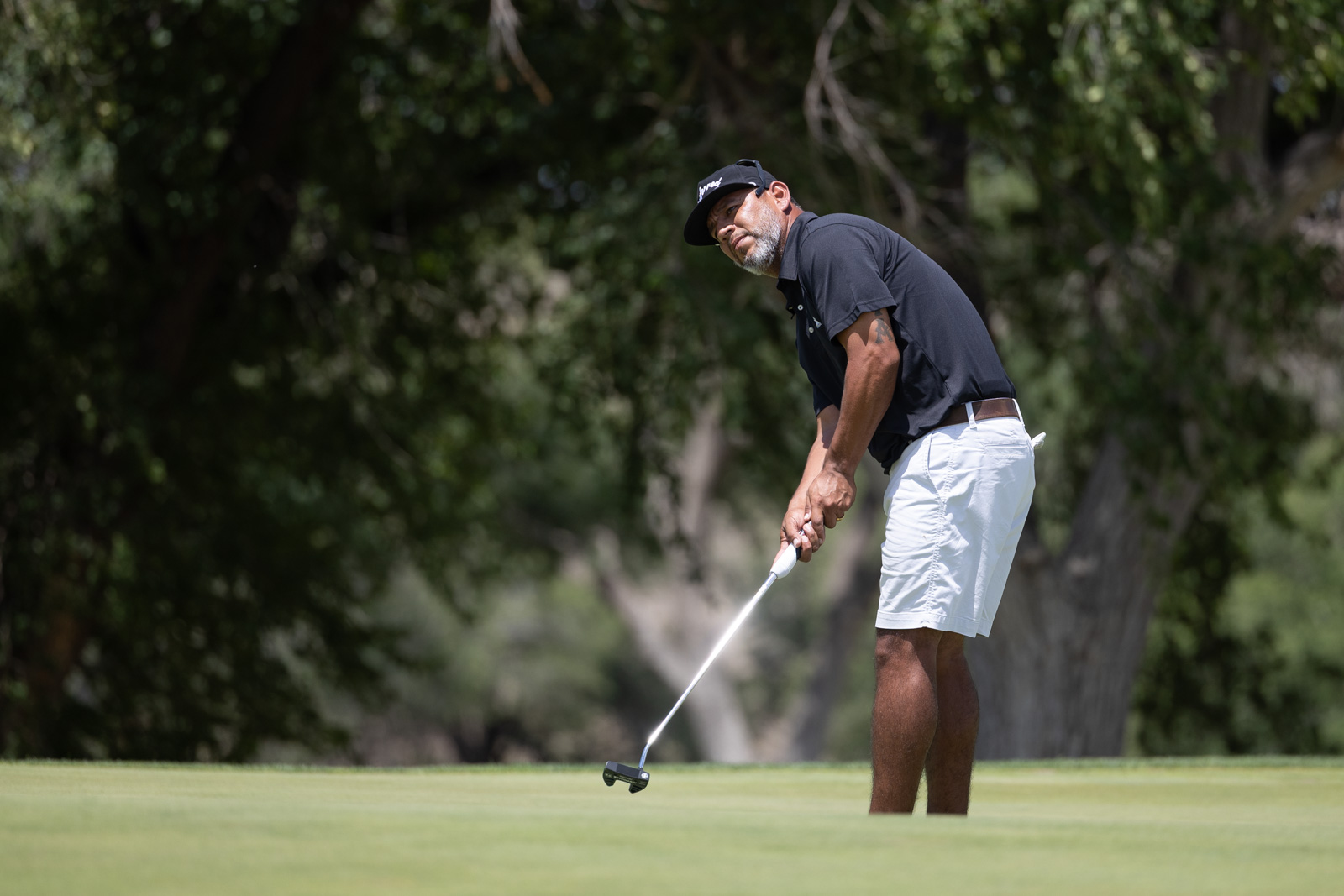 Man in a black polo and white shorts lining up a putt on a golf green, holding a putter as trees loom in the background.