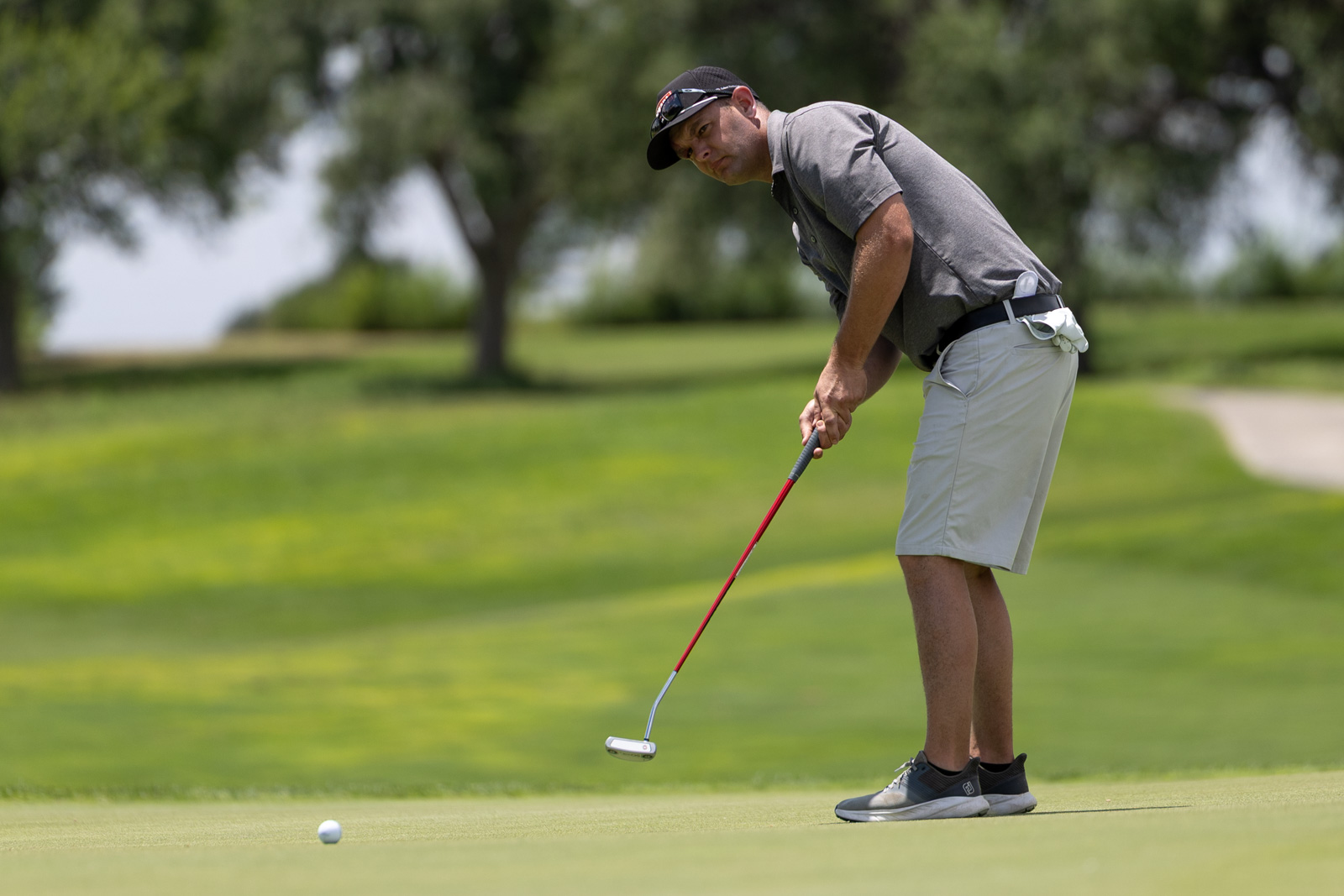 Man in a gray polo and shorts lining up a putt on a golf green with a focused stance.
