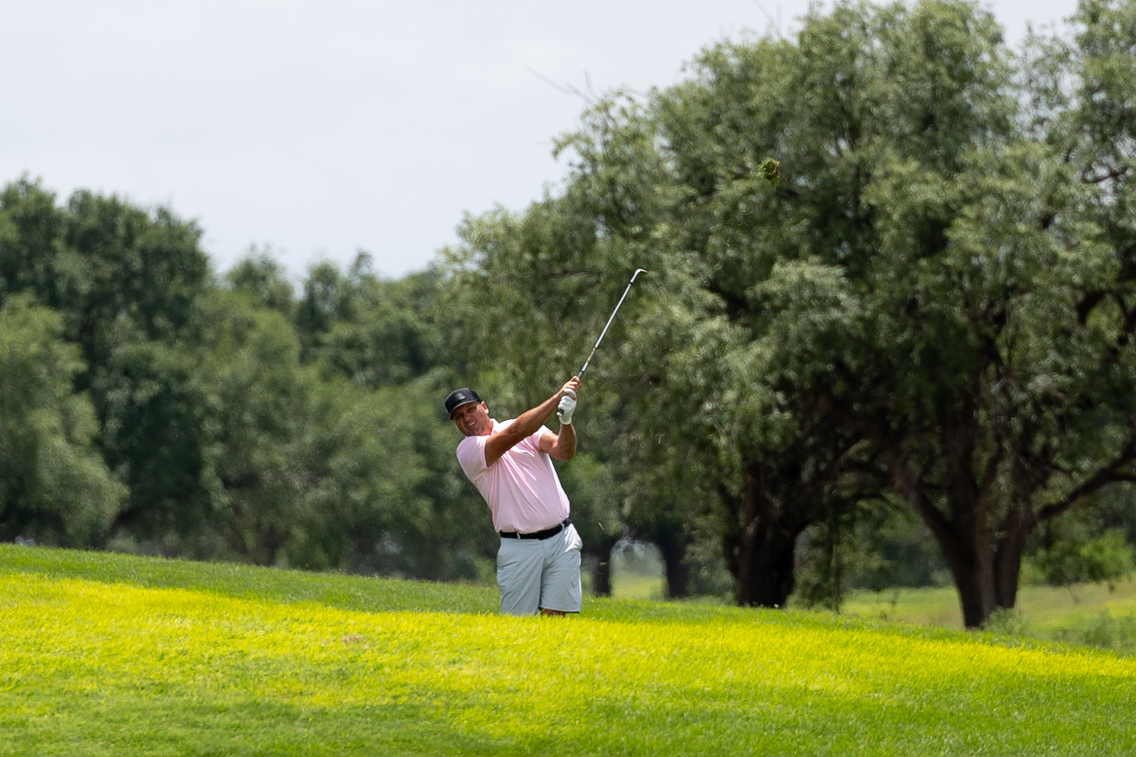 Man in a pink polo and white shorts swinging a golf club on a sunny, green golf course with trees behind him.