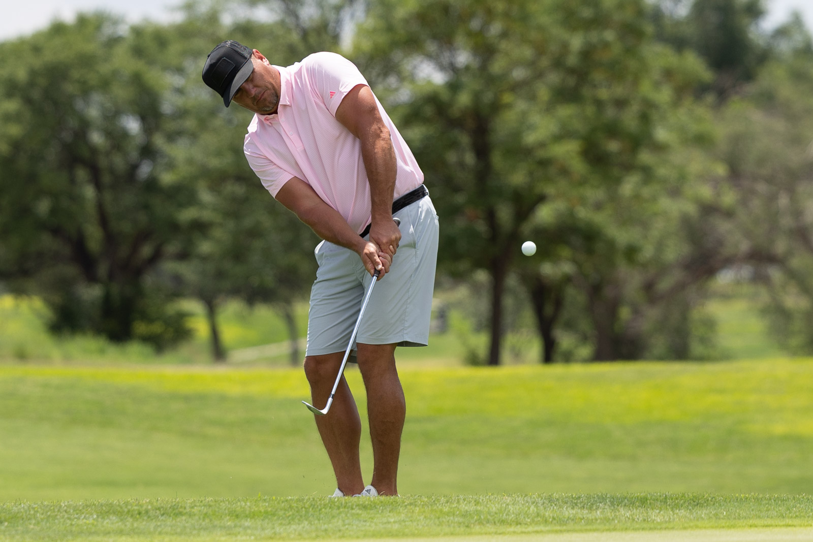 Male golfer in a pink polo and light shorts mid-swing on a sunny golf course with trees in the background, ball in flight