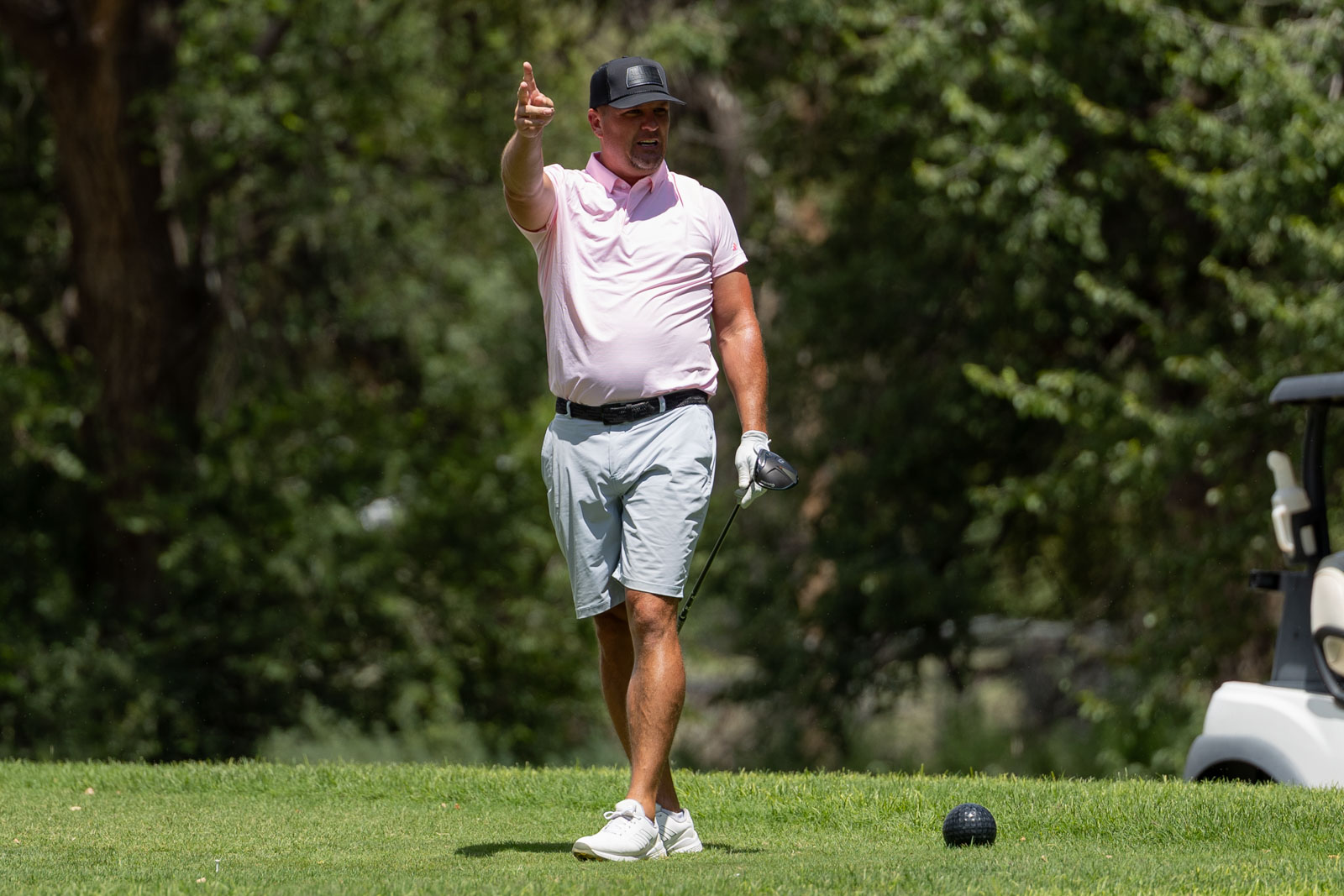 Golfer on a sunny course points toward the target, holding a driver in his left hand.