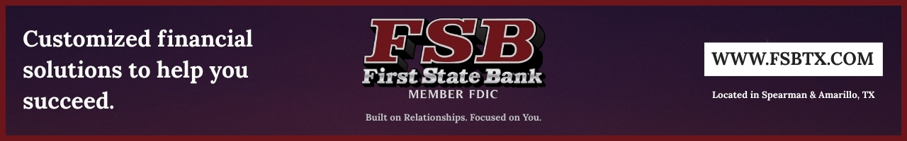 Banner ad for First State Bank with slogan and logo, plus website www.fsbtx.com and TX locations.
