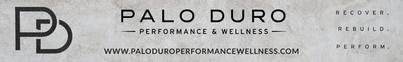 Brand banner for Palo Duro Performance & Wellness with a left emblem, center title text, and the site URL at the bottom; right shows the motto 'Recover. Rebuild. Perform.'