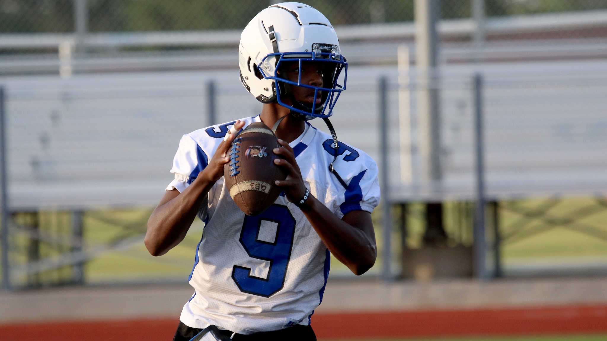 A football player in a white and blue jersey holds a football, ready to throw, on a field with bleachers in the background, wearing a white helmet with blue face mask.