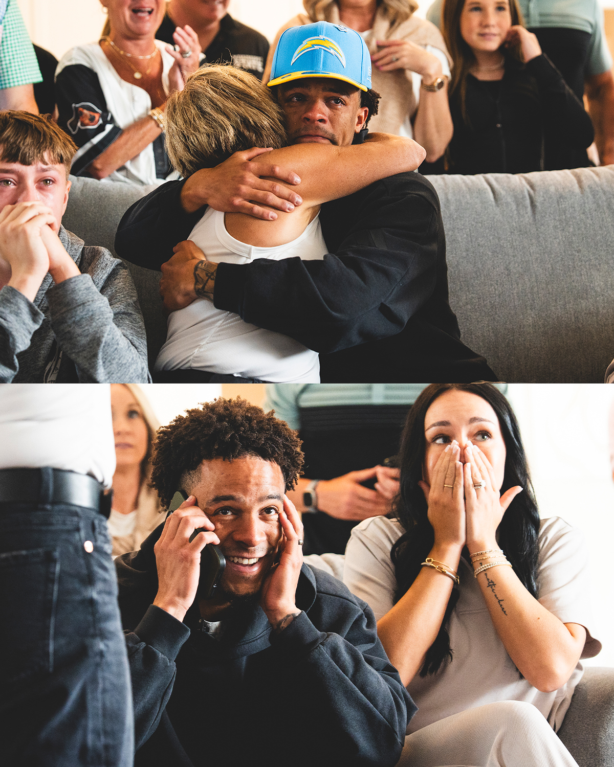 Collage: top scene shows a man in a blue cap hugging a woman on a sofa with friends watching; bottom scene shows a man on a phone smiling while a woman beside him covers her mouth in surprise.