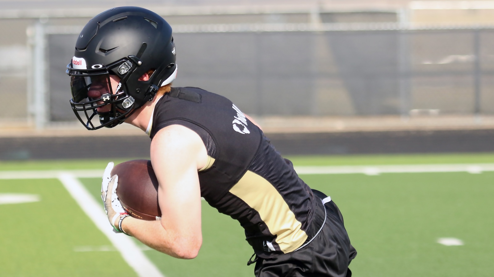 Football player in a black helmet and black-and-gold uniform runs with the ball on a green turf field.