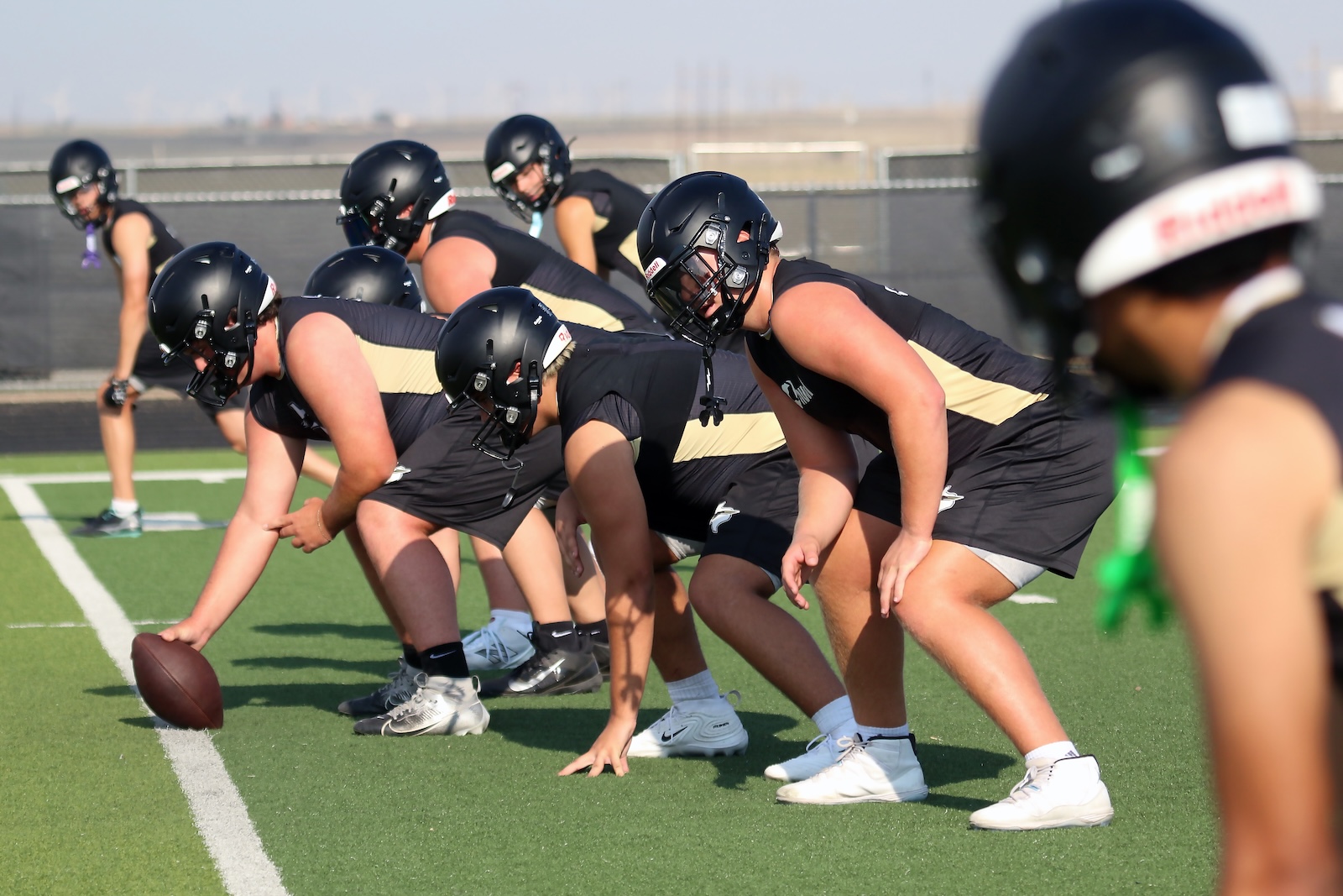 Football team lined up at the line of scrimmage in black and gold uniforms, preparing for the snap on a green field.