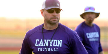 Man in purple Canyon Football shirt with cap and sunglasses, on a field with another player blurred in background at sunset.
