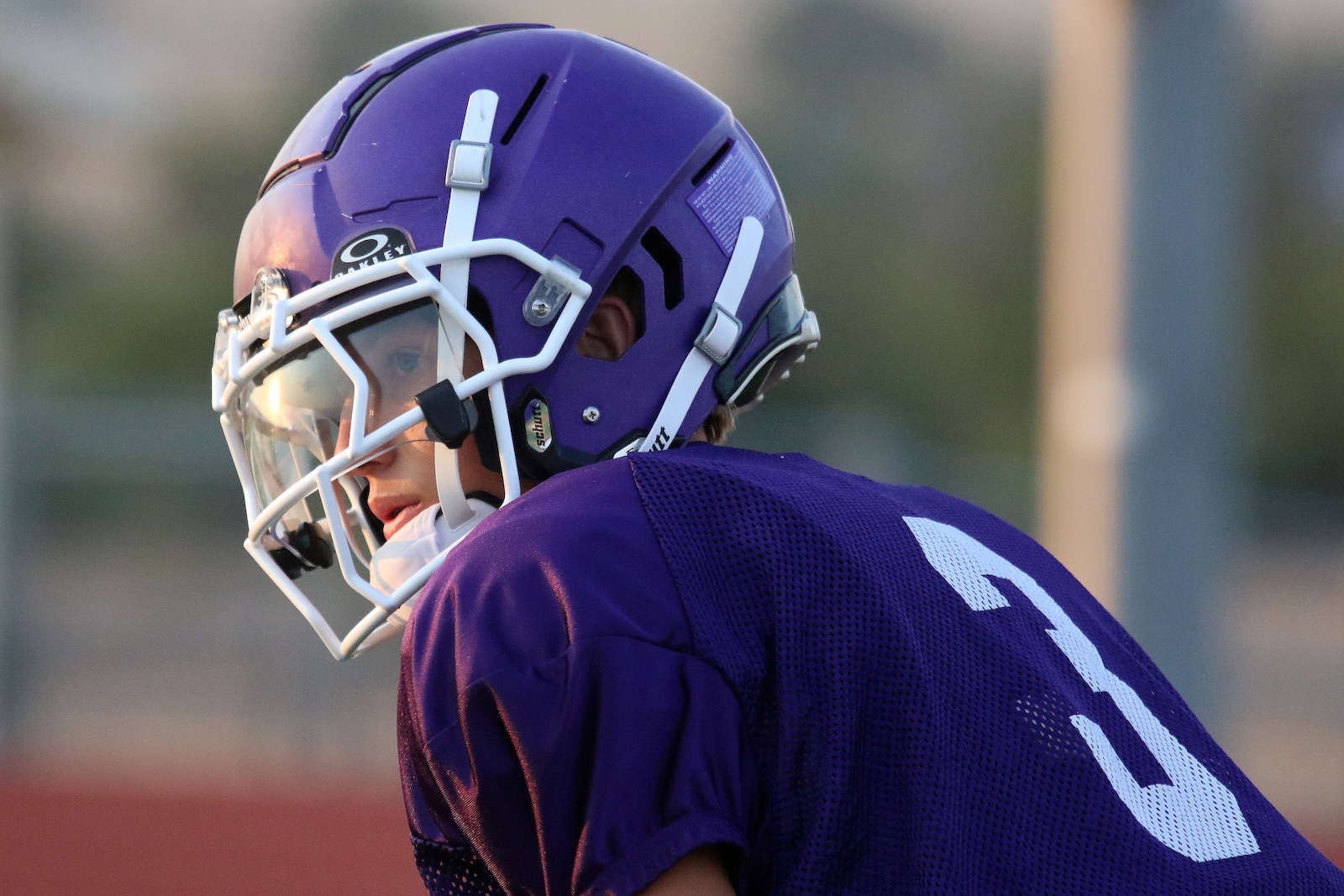 Football player in a purple helmet and jersey, facing left, with white face mask and number 3 visible on the jersey
