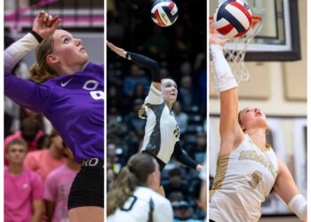 2026 Volleyball Players to Watch 1 | Press Pass Sports Three-panel collage of indoor volleyball players in action: left player in purple spikes the ball, middle player reaches up mid-air, right player near the net prepares a hit.