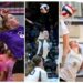 2026 Volleyball Players to Watch 1 | Press Pass Sports Three-panel collage of indoor volleyball players in action: left player in purple spikes the ball, middle player reaches up mid-air, right player near the net prepares a hit.