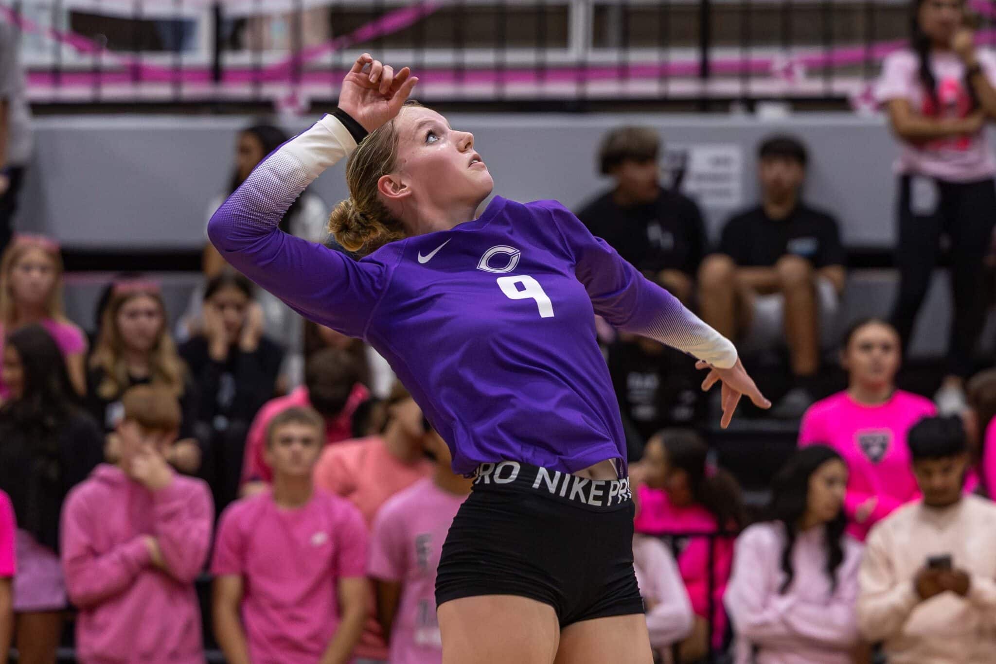 Female volleyball player in a purple jersey with number 9 jumps with one arm raised in a gym, crowd wearing pink in the background.