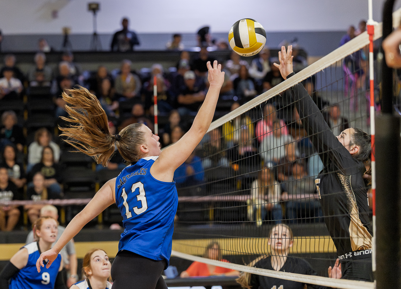 0P7A8653 | Press Pass Sports Volleyball player in blue jersey (#13) spikes the ball over the net toward a blocking opponent in black during a match.