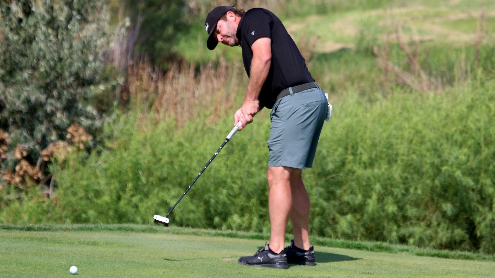 Man in a black shirt and gray shorts lines up a putt on a golf green, holding a putter as a ball sits nearby.