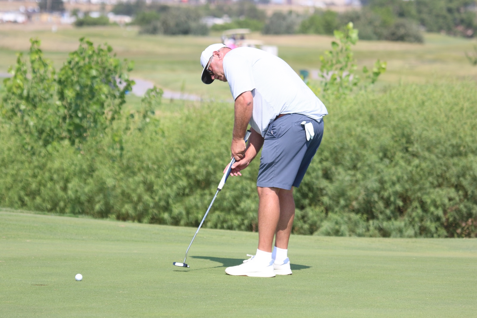 Man in a white cap and light polo lines up a putt on a green golf course by a nearby ball.