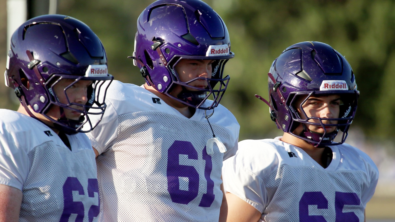 Three football players wearing purple helmets and white jerseys with purple numbers standing together on the field.