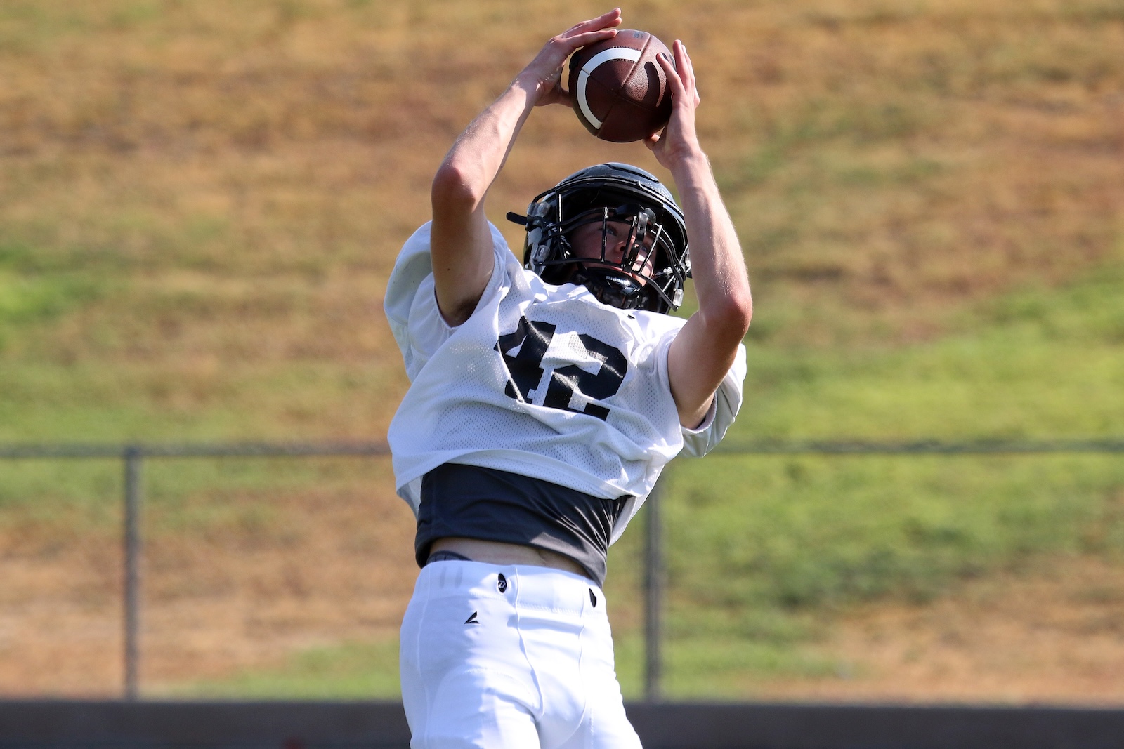 Football player in white jersey leaps to catch a pass overhead, helmet on, on a sunny field.