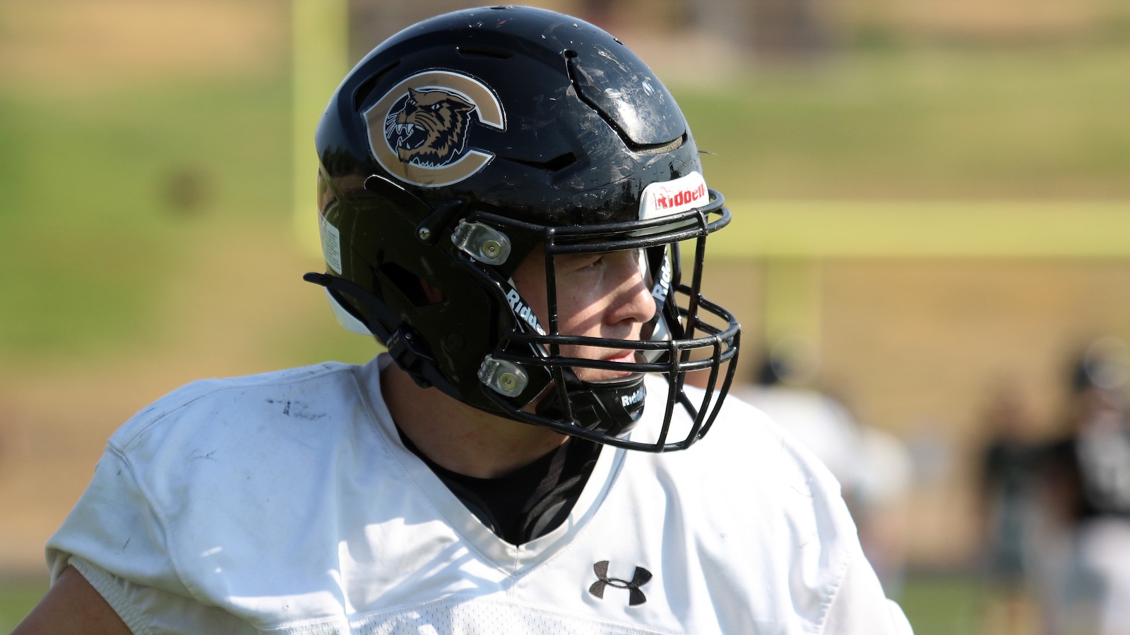 Football player wearing a black helmet with a large logo on the side and a white jersey, on a sunny field.