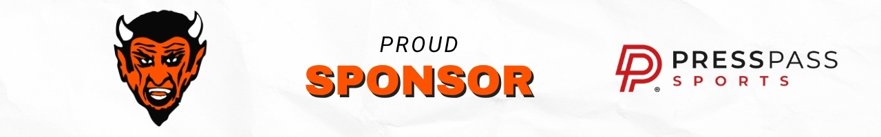 Sponsor banner with orange devil mascot, bold orange SPONSOR text, and PressPass Sports logo on the right.