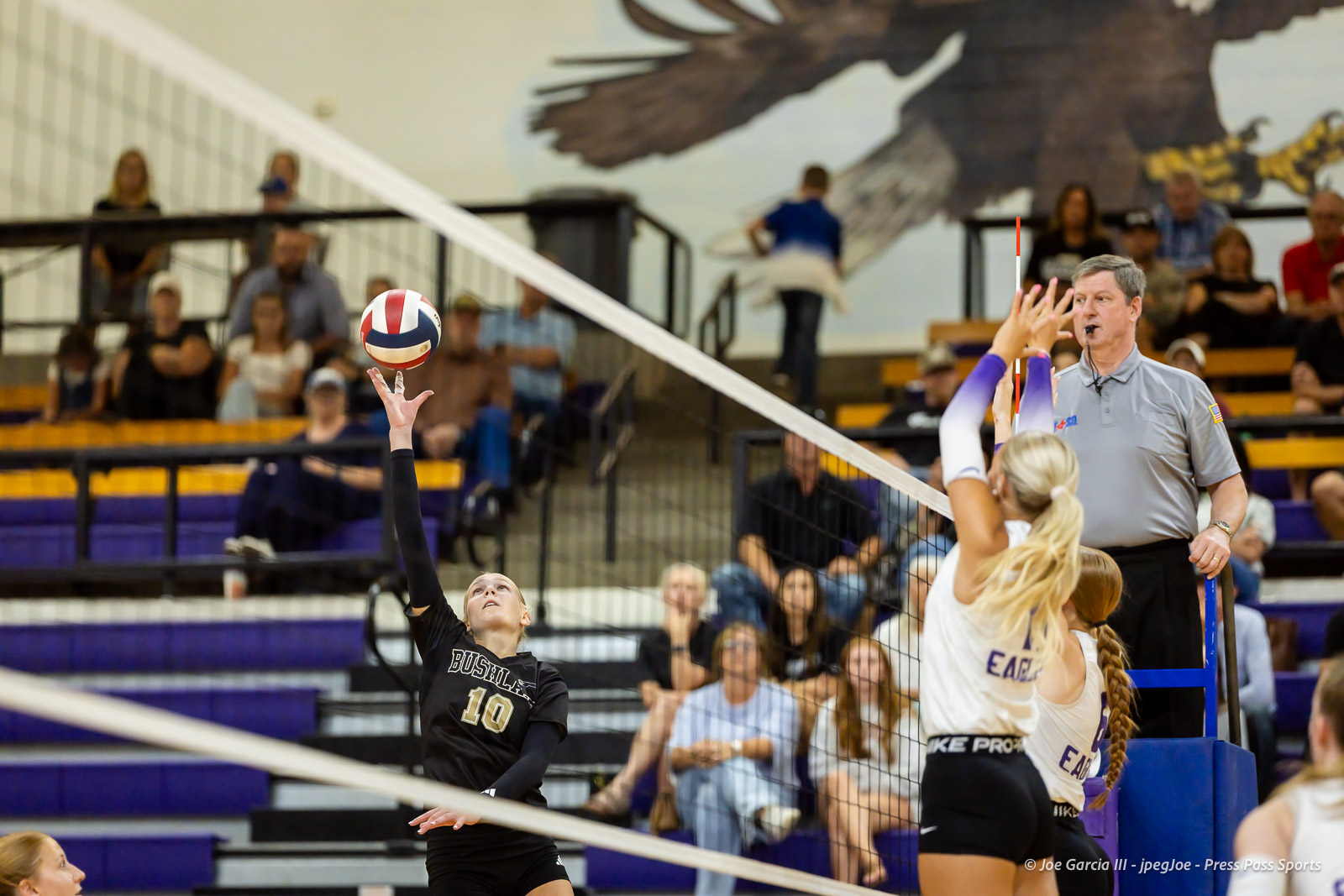 Female volleyball player in a black jersey (#10) spikes the ball over the net as the crowd watches from the stands in a gymnasium.