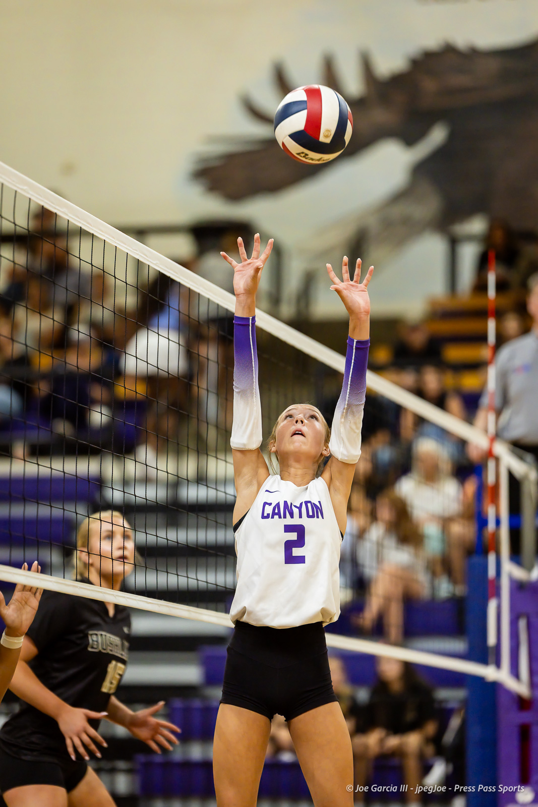 Volleyball player from Canyon (#2) jumps at the net, hands raised to contact the ball above the net with a crowd watching.