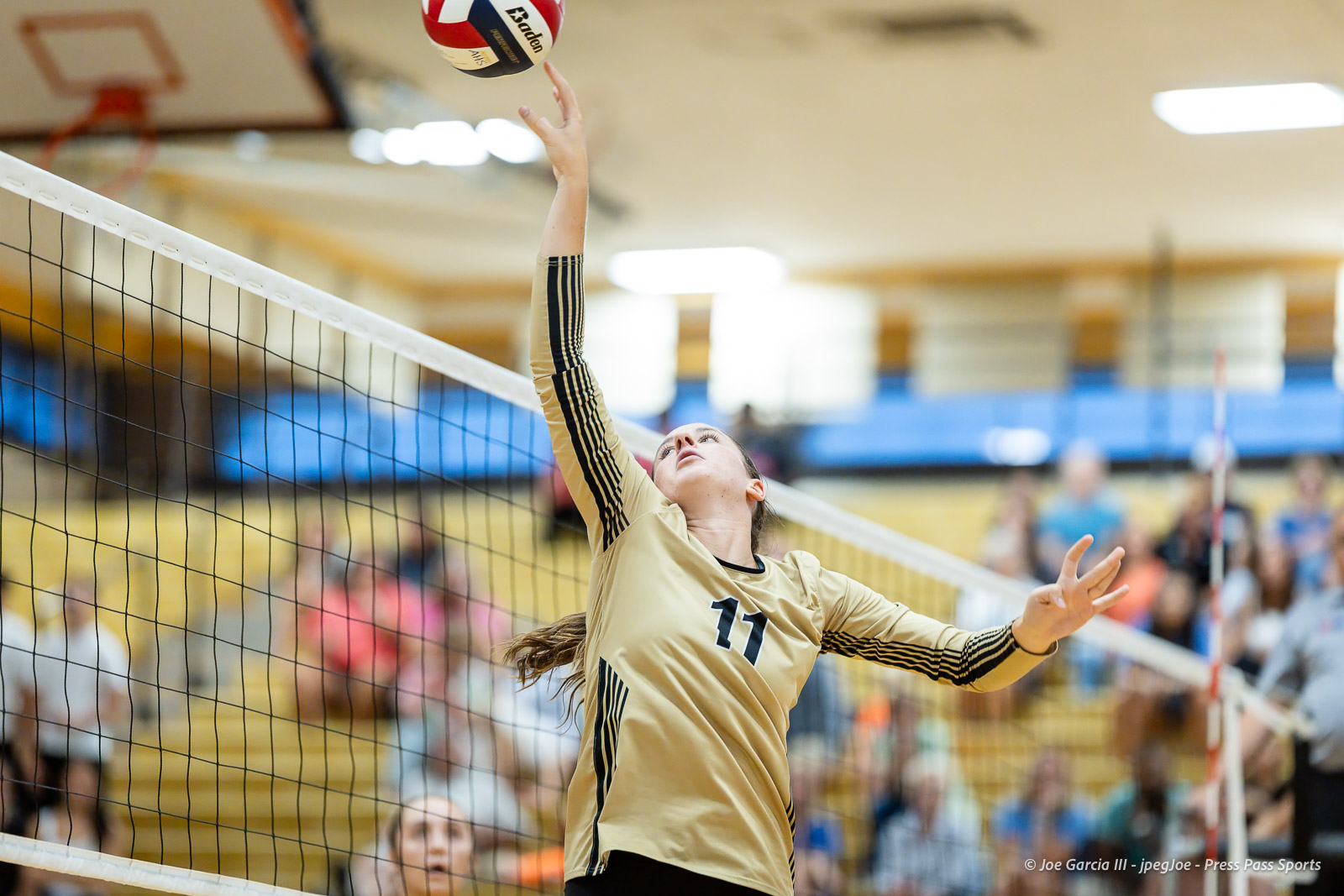 west-plains-vs-amarillo-high-2026-jpegJoe-pps-17 | Press Pass Sports Female volleyball player in beige jersey #11 leaps to spike the ball over the net during a match, gymnasium and crowd in the background. “What information does this image communicate?”