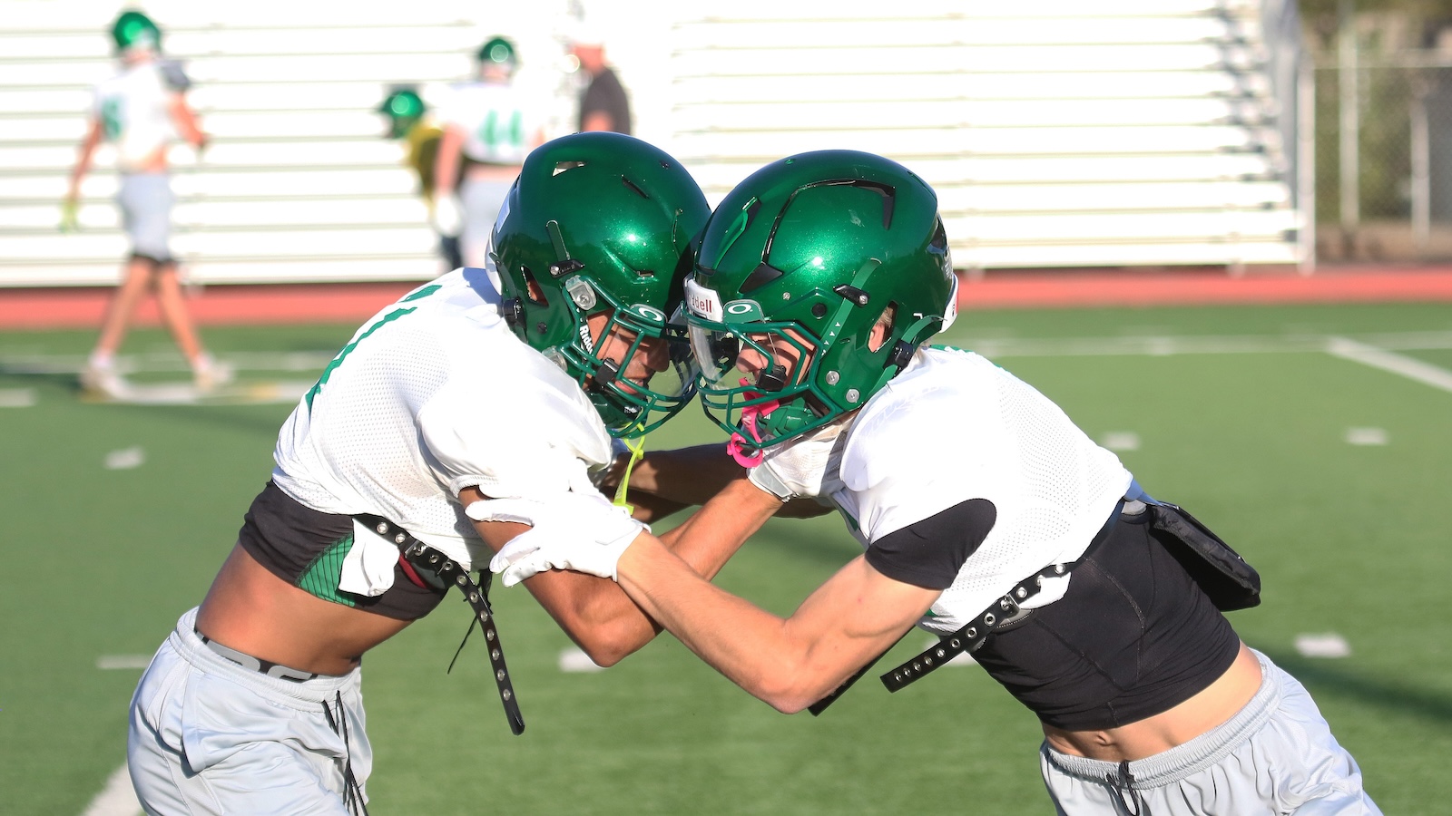 Two football players in white jerseys and green helmets lock shoulders and push during a drill on a sunny practice field with bleachers in the background at the stadium edge.