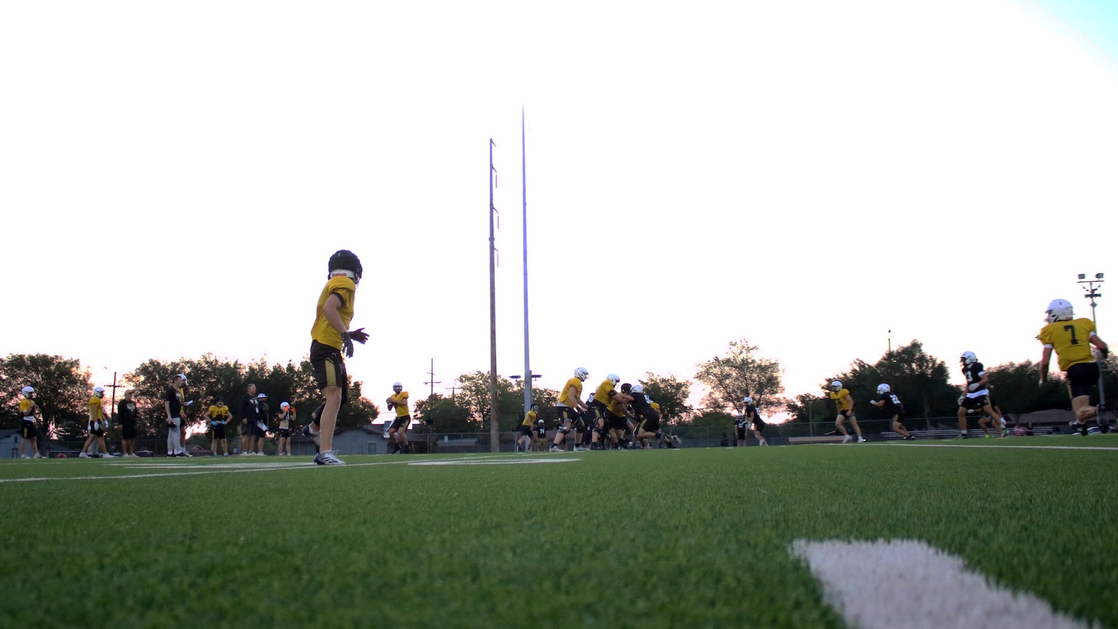 Football players in yellow jerseys practice on a green turf field at dusk, lined up in formation with sidelined coaches watching.