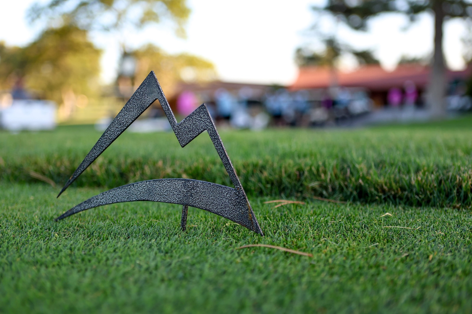 Metal abstract sculpture with angular peaks on a grassy lawn; blurred park background nearby.