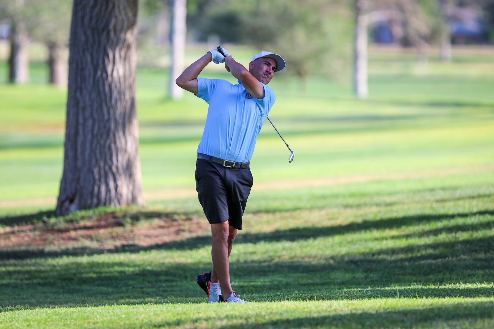 Man in light blue polo and cap swings a golf club on a sunny golf course with green grass and trees in the background.