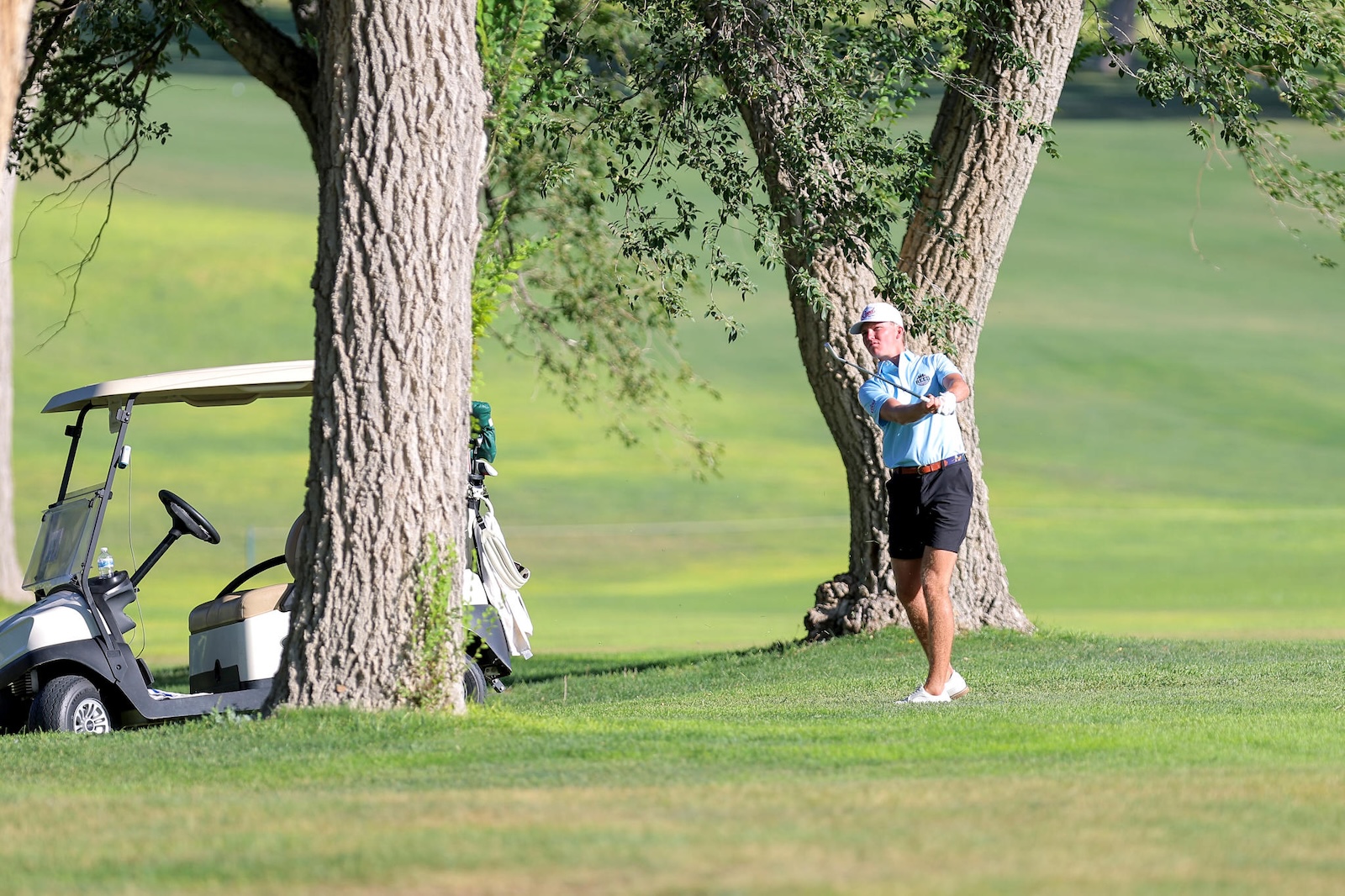 Golfer in light blue shirt swings a club on a grassy course beside a golf cart and trees behind him.