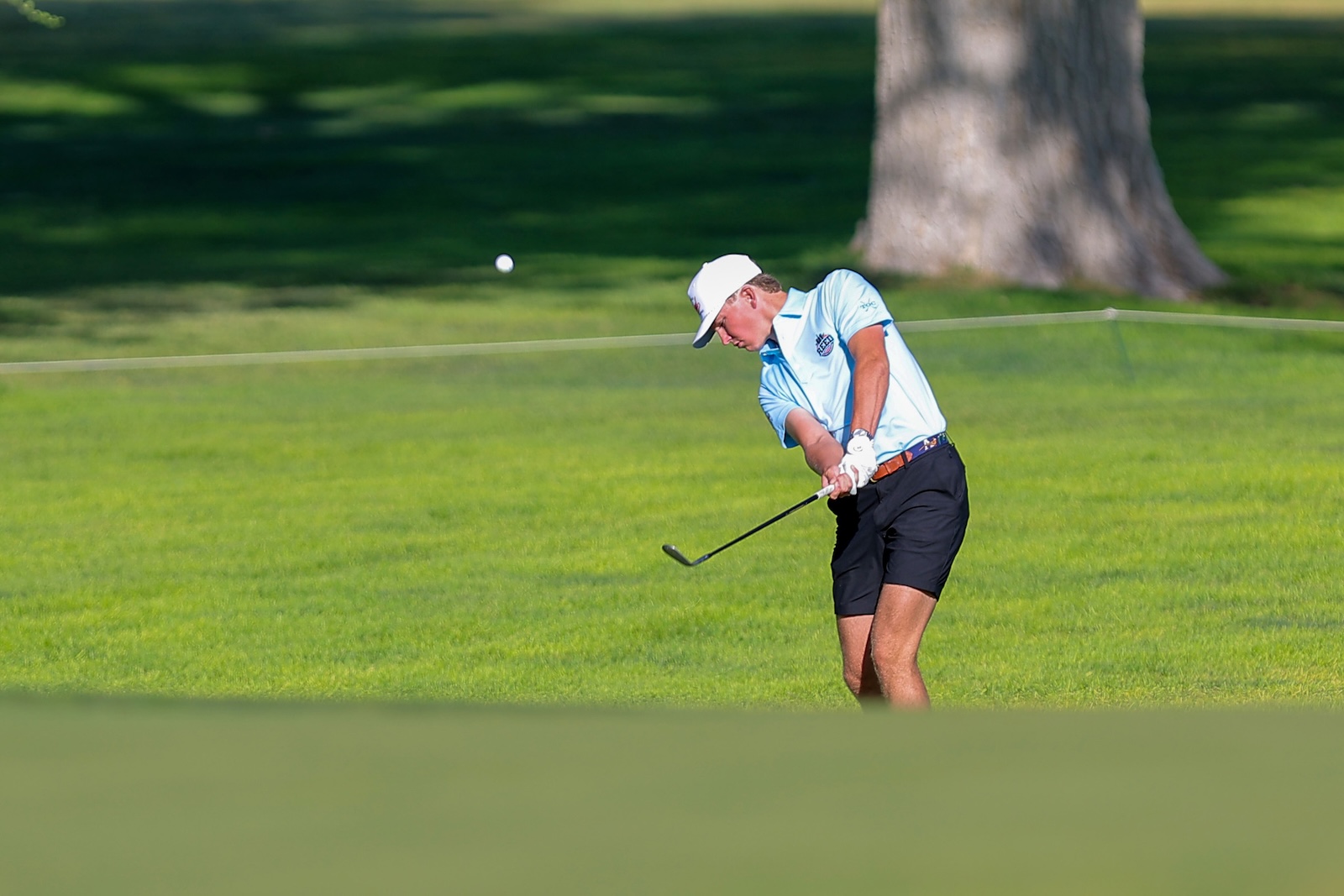 Golfer in a light blue polo and white cap swings a club on a green golf course, ball airborne nearby.
