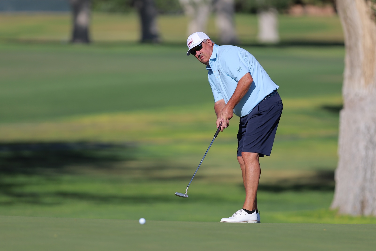 Golfer in a light blue polo shirt and navy shorts lining up a putt on a green golf course, wearing a white cap and sunglasses.