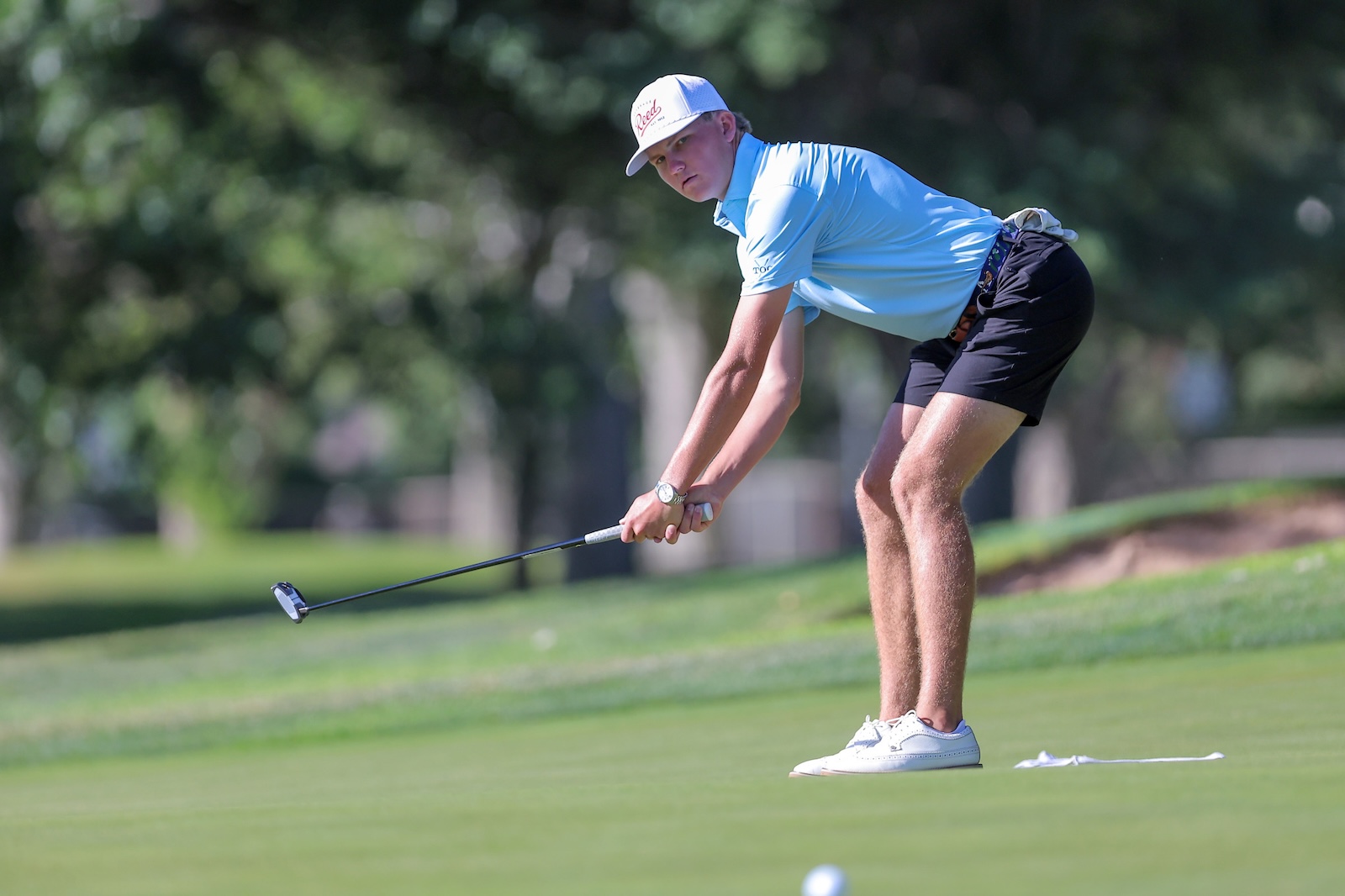 Golfer in a light blue shirt and white cap lining up a putt on a green golf course.