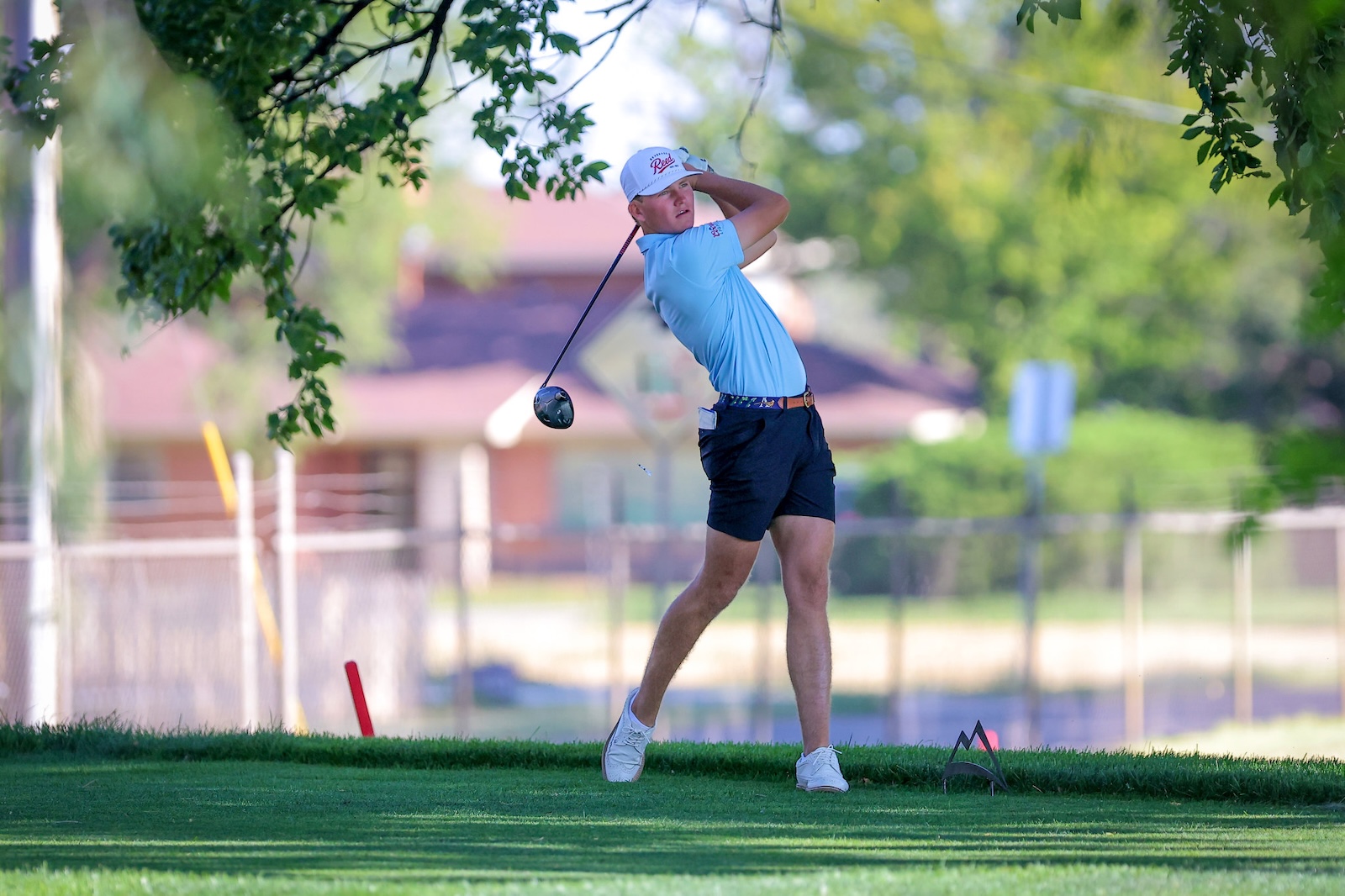 Male golfer in a light blue polo and white cap mid-swing on a sunny golf course, branches framing the scene.