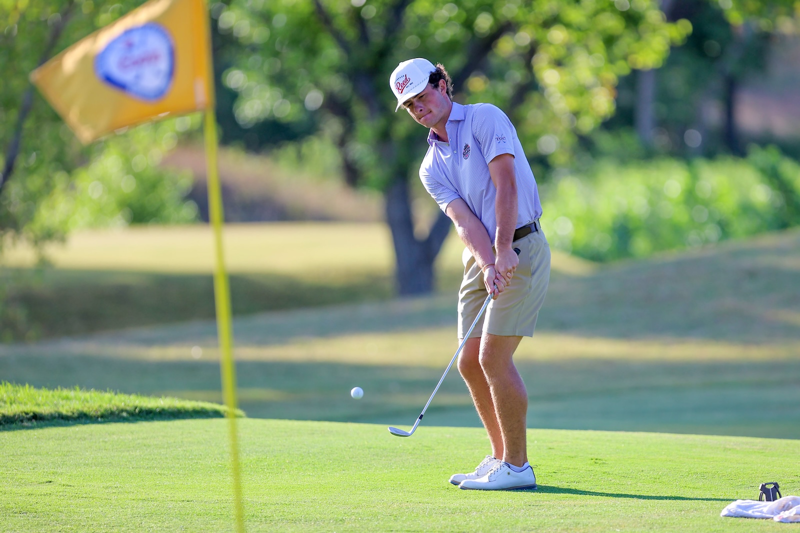 Male golfer in a light purple polo and white cap prepares to putt on a sunny, well-manicured green near a yellow flagpole flag.